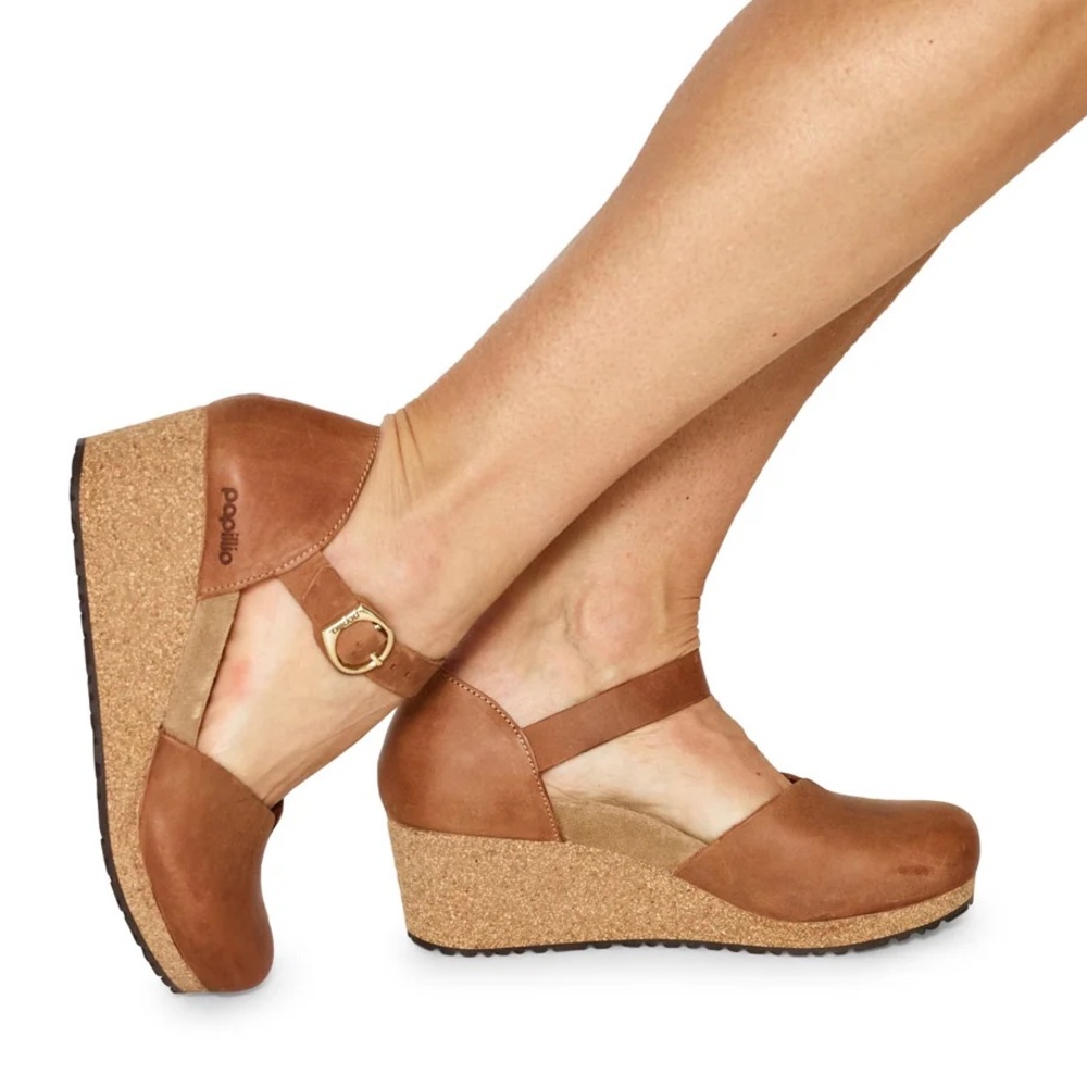 Papillio Tan Leather Cork Wedge Mary Jane Sandals